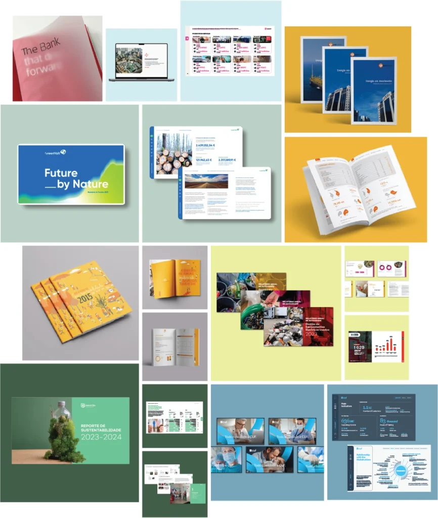 Sustainability report layout design by Borboto AzulNesse caso, queres focar na tua competência global e na tua identidade profissional, não num projeto específico. Usa este texto para essa imagem: "Portfolio showcase of annual reports and ESG publications by freelance designer Flávia Rodrigues — borboto azul