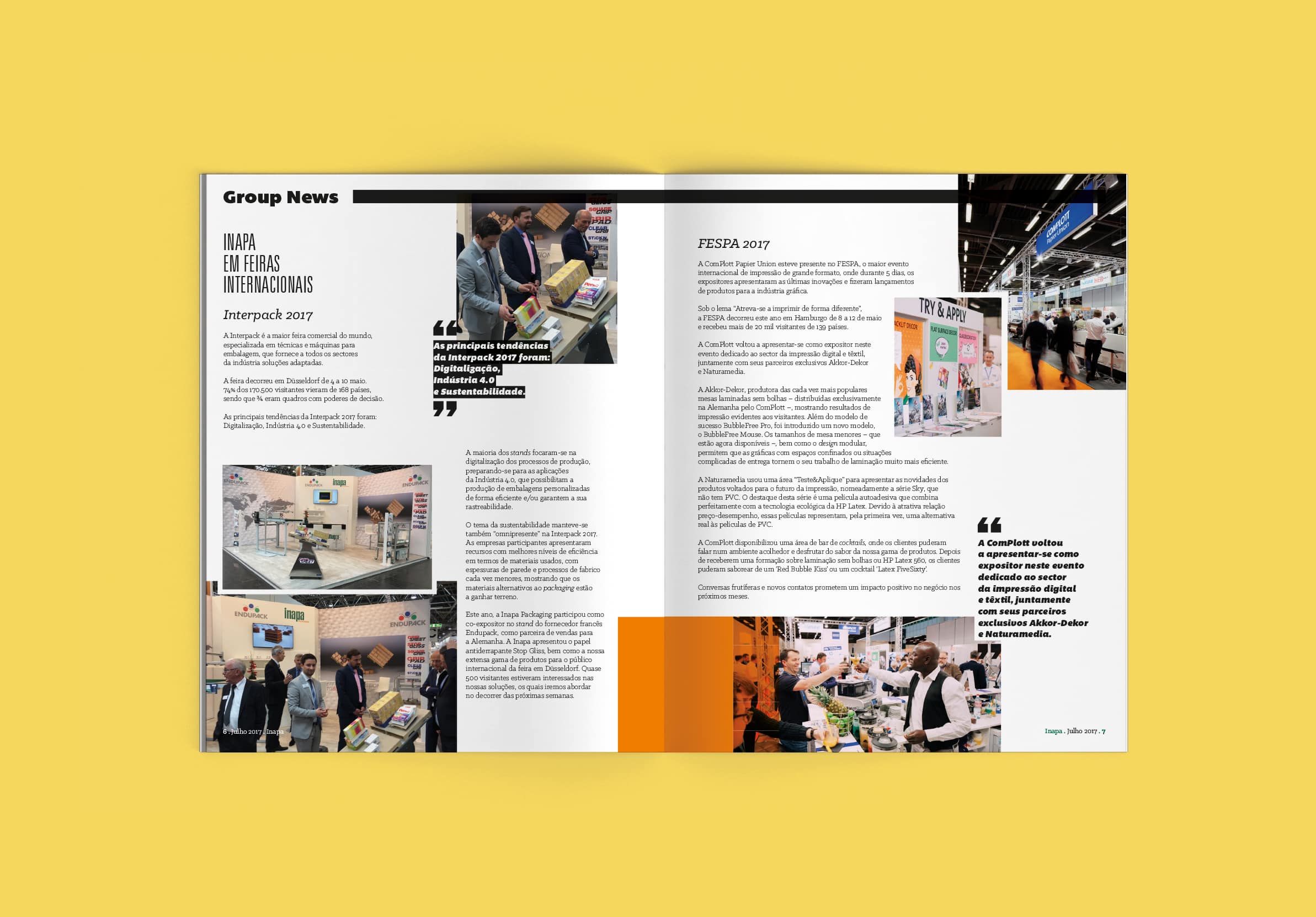 Magazine layout design for corporate communication with editorial typography and photography.