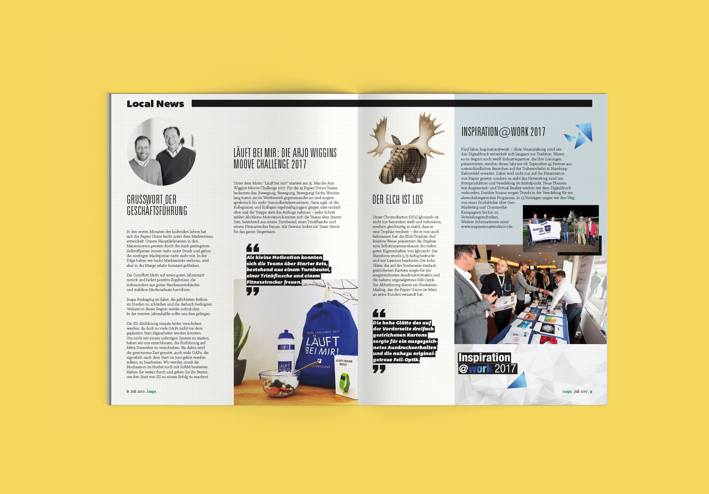 Editorial design for corporate magazine featuring clean layout, icons and infographics.