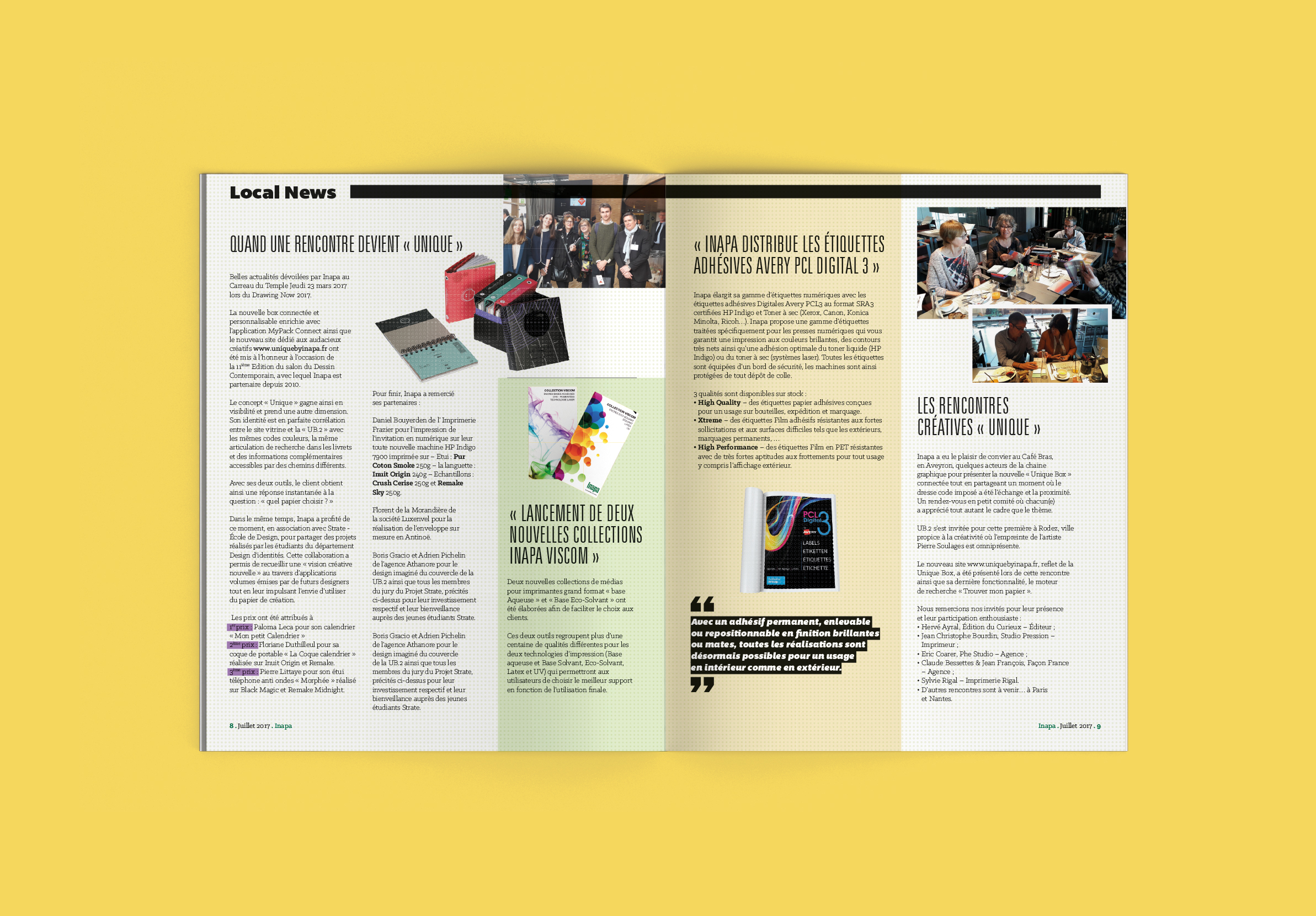 Editorial publication spread combining photography, illustrations and structured typography.