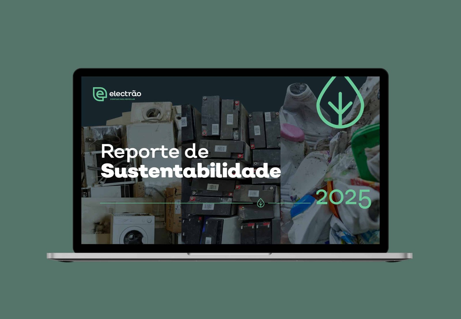 Laptop mockup of the cover for Electrão's 2025 Sustainability Report, green background