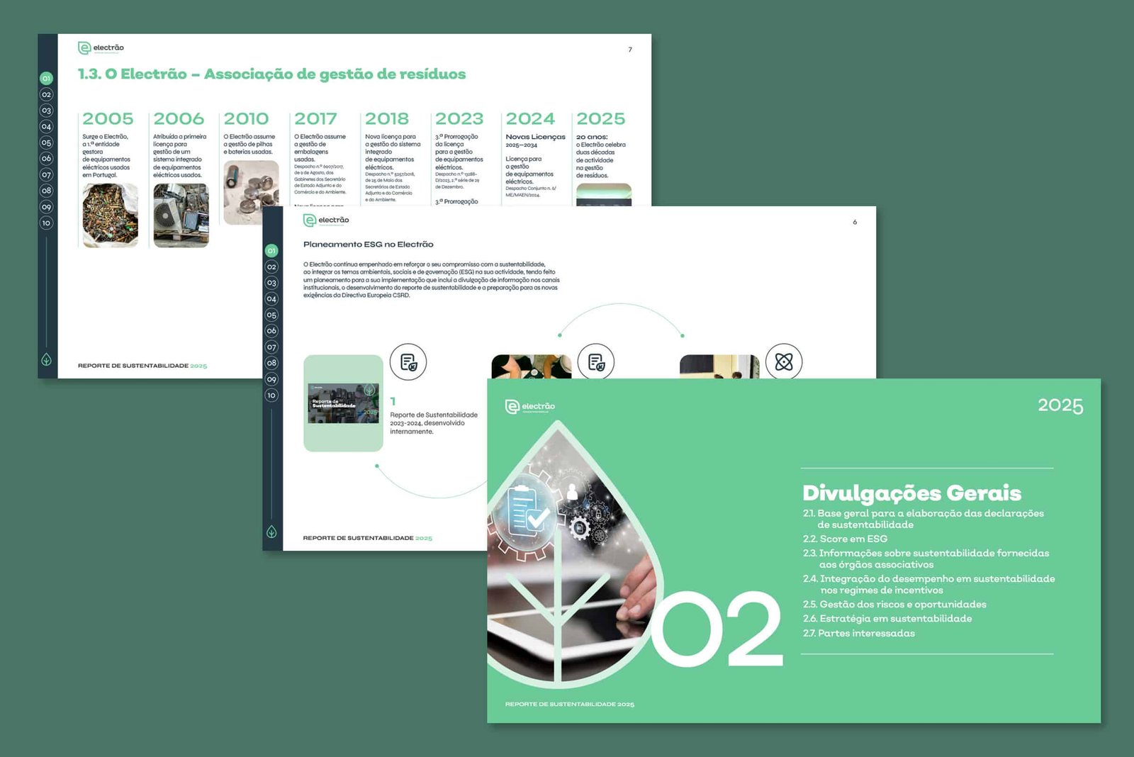 Interior spread from Electrão's 2025 Sustainability Report, General Disclosures section opening page with data tables