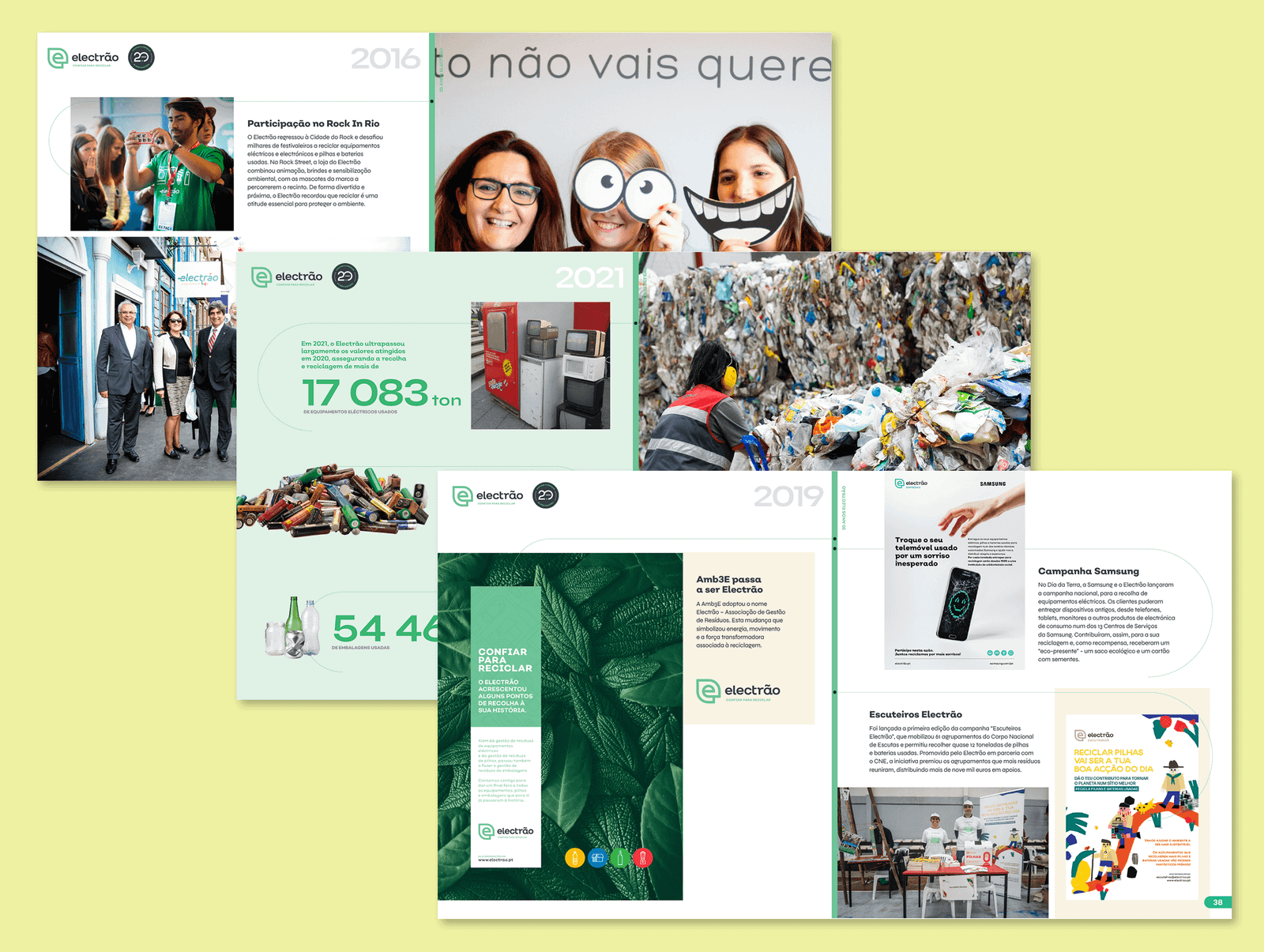 Staggered view of three interior pages from Electrão's 25th anniversary book, featuring a mix of photography, text, and infographic design