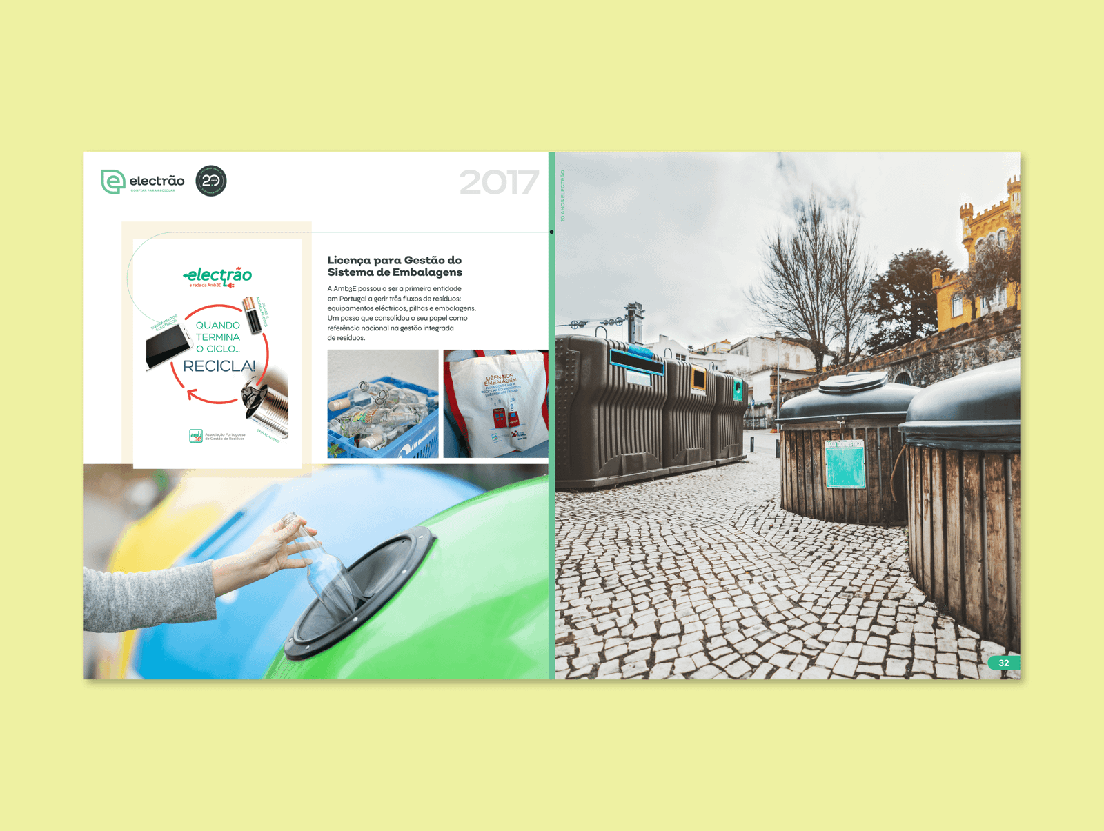 Interior spread from Electrão's 20th anniversary book, 2017 chapter, pairing a street-side recycling bin with a full-bleed cobblestone photograph