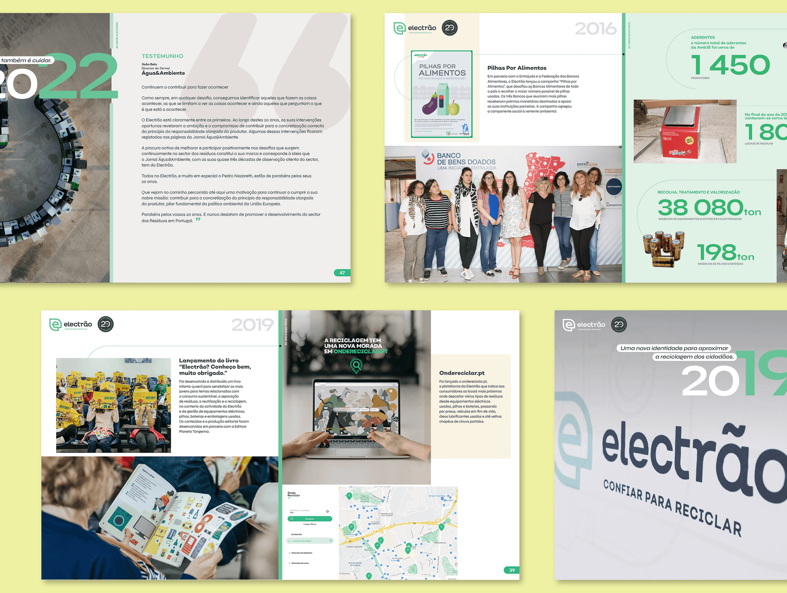 Staggered interior spread from Electrão's 20th anniversary book, spanning 2019 to 2022, combining team photography, statistics, and a map graphic