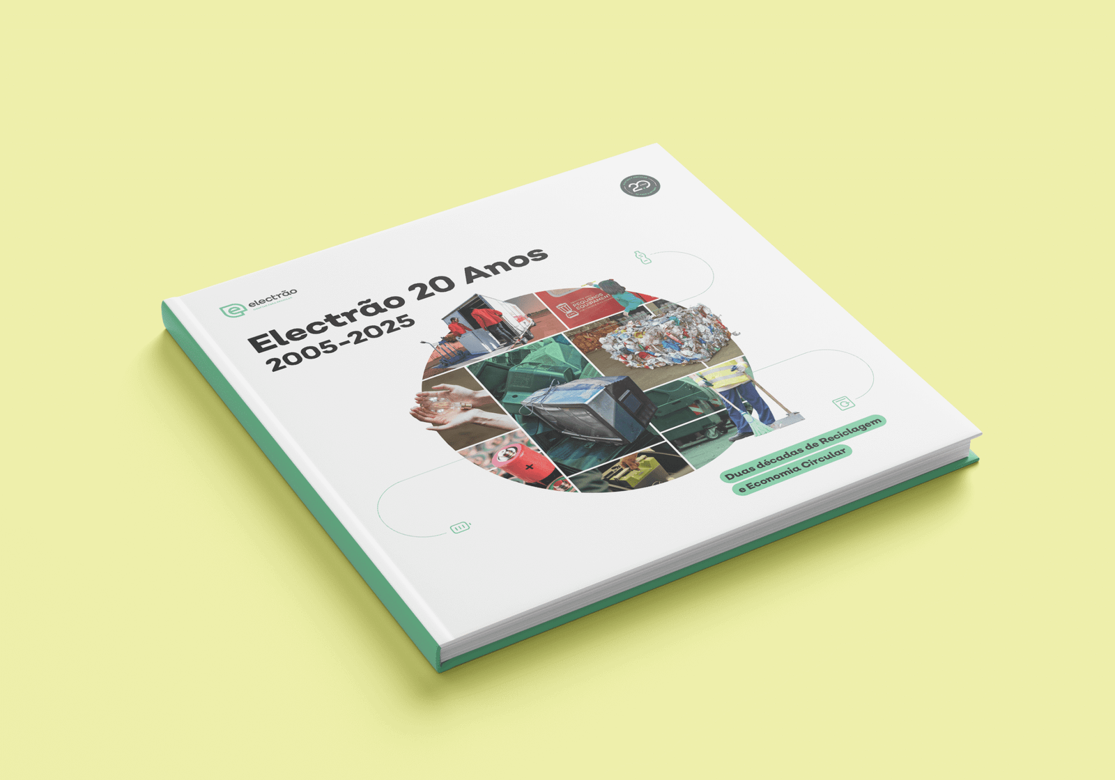 Print edition of Electrão's 20th anniversary book, mockup of the closed cover showing the title and recycling-themed graphic