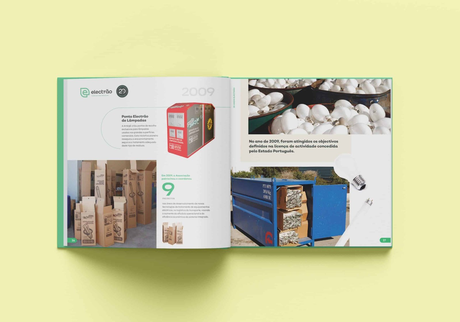 Print mockup of an open spread from Electrão's 20th anniversary book, pairing recycling bin imagery with editorial text