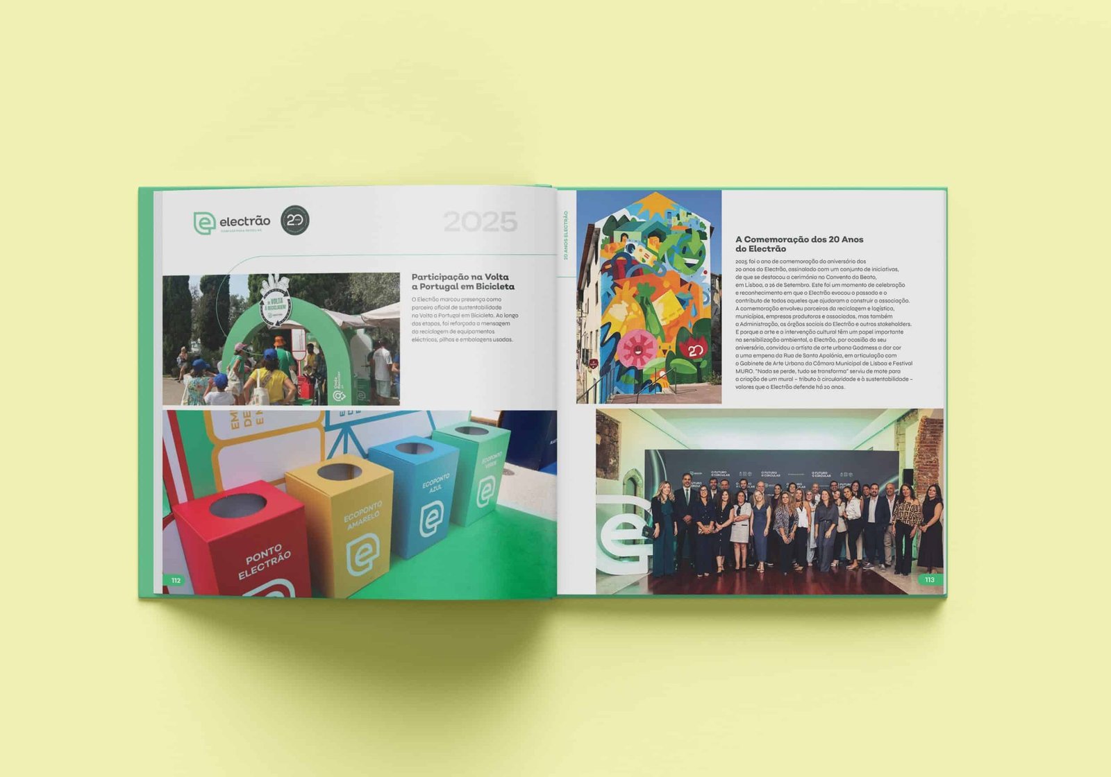 Print mockup of an open spread from Electrão's 20th anniversary book, combining recycling bin imagery with a group photograph