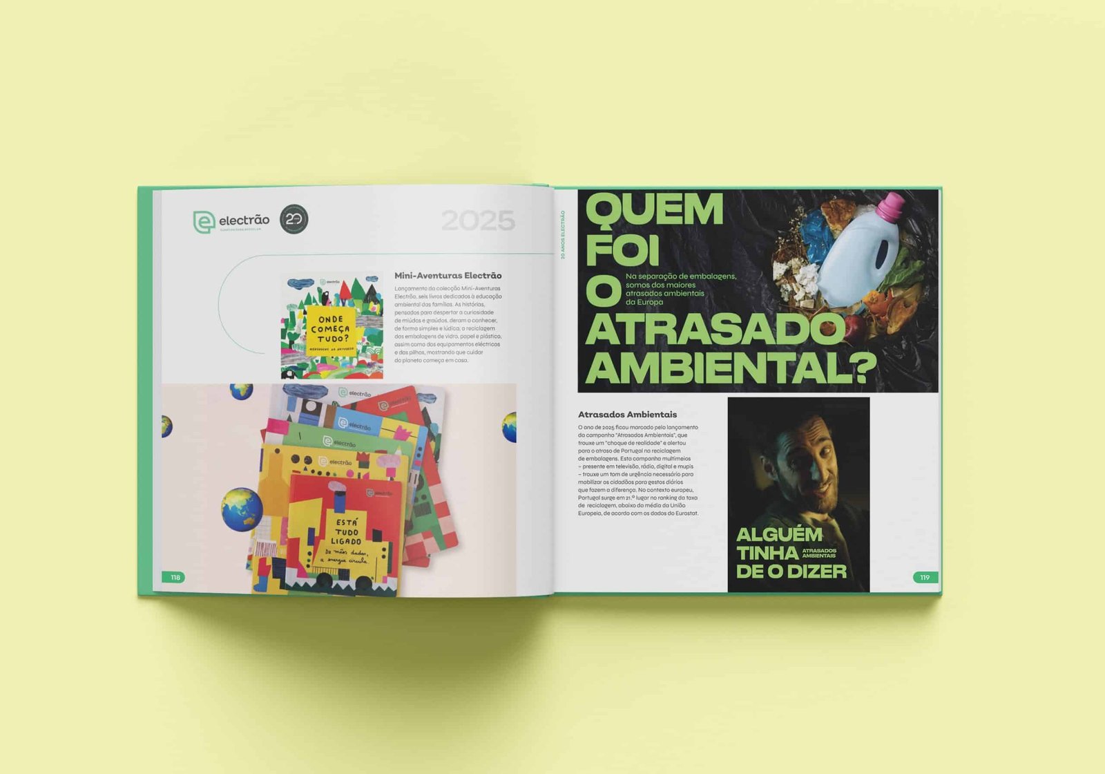 Print mockup of an open spread from Electrão's 20th anniversary book
